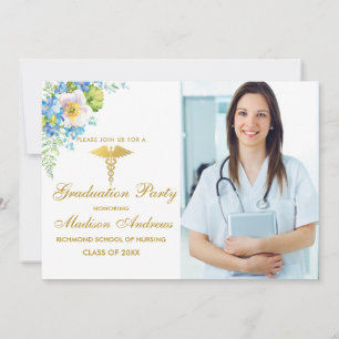 Infirmière Blue Floral Grad Party Invitation Gold