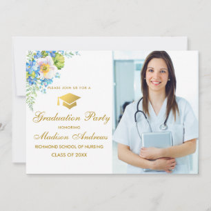 Infirmière Gold Blue Floral Grad Party Invitation