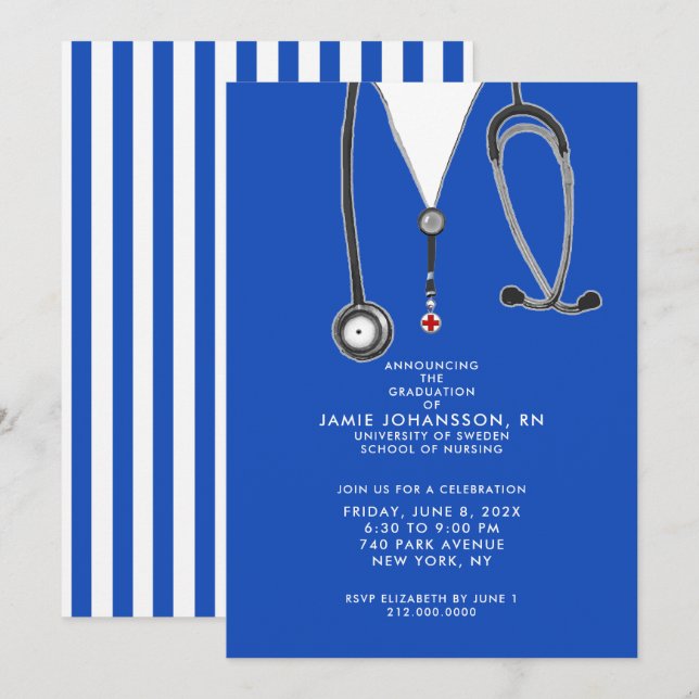 Infirmière Graduation Blue Party Invitations (Devant / Derrière)