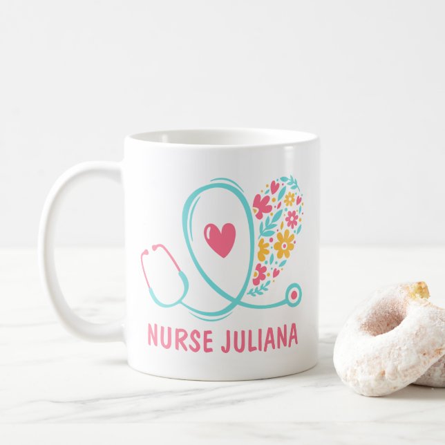 Infirmière Nom personnalisé Cadeau Café Mug (Avec donut)