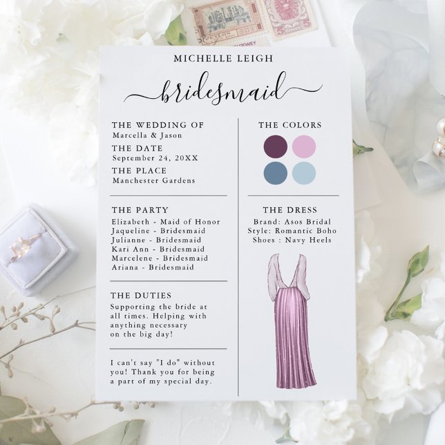 Info Carte Bridesmaid Détails Plum, Lavande, Bleu (Créateur téléchargé)