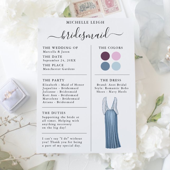 Info Carte Bridesmaid Détails Plum, Lavande, Bleu (Créateur téléchargé)