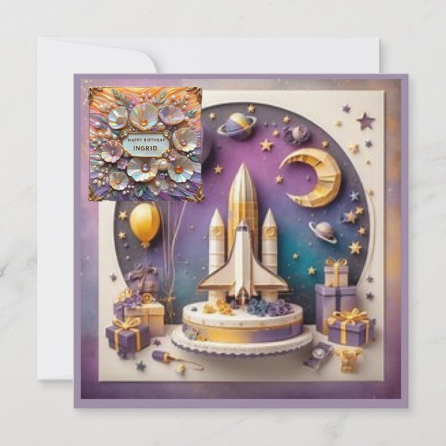 INGRID ~ Carte d'anniversaire ~ Space Rocket ~ (Devant)