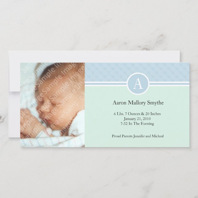 Initiale Blue Green Boy Nouveau bébé Cartes photos (Devant)