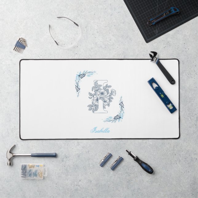 Initiale "I" Monogramme Bleu Calme Floral (Poste de travail)