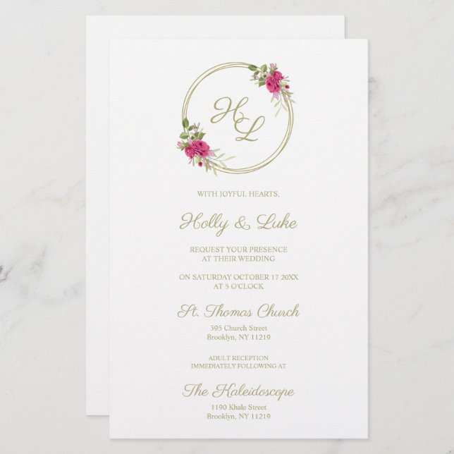 Initiales botaniques roses Élégant Mariage de cour (Devant / Derrière)