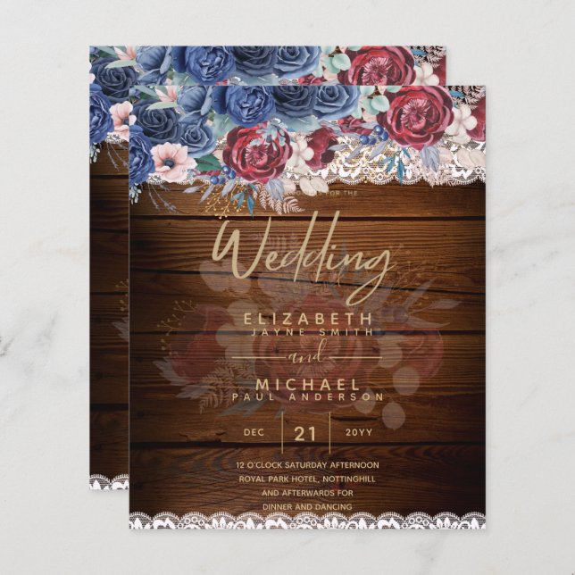 Intemporel Rustique Bleu Bourgogne Floral Mariage  (Devant / Derrière)