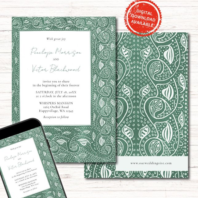 Intricate Leaf Frame on Green Wedding Invitation (Créateur téléchargé)
