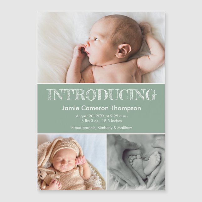 Introducing baby photos green birth announcement (Devant)