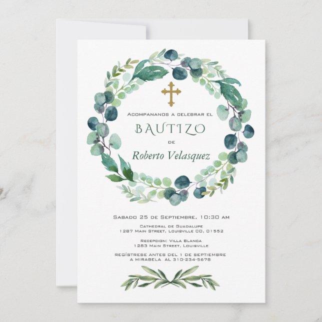 Invitacion De Bautizo Eucalyptus Invitation espagn (Devant)