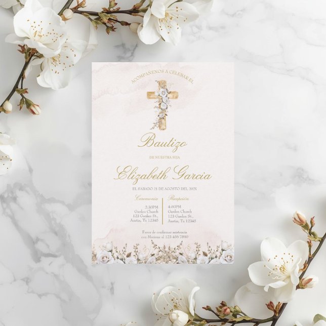 Invitación de boho blanco para bautismo invitation (Créateur téléchargé)