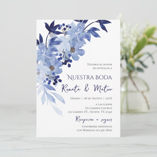 Invitación Navy Blue Spanish Wedding Invitation (Debout devant)