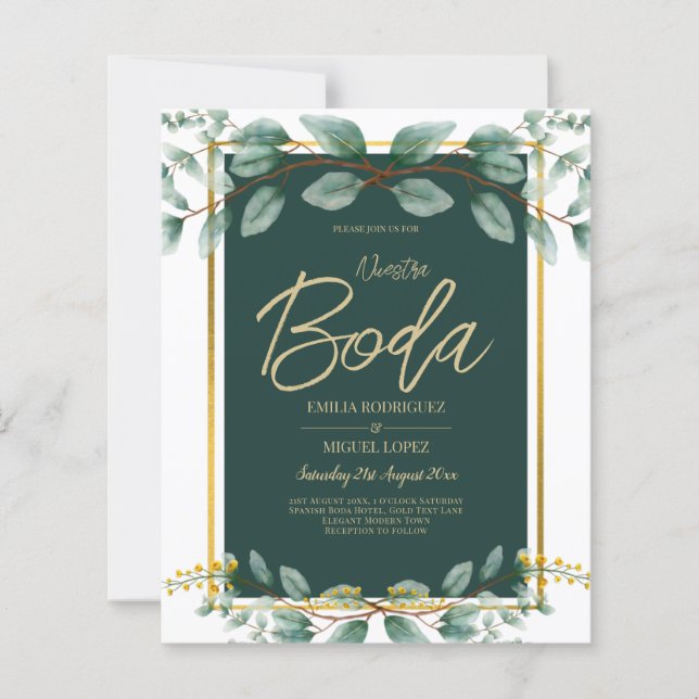Invitaciones de Boda Bilingües Verde Esmeralda (Devant)