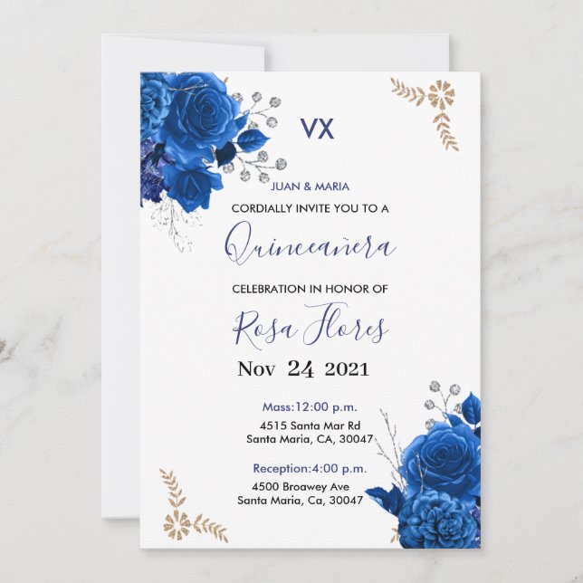 Invitaciones for Quinceanera Invitation Blue Royal (Devant)
