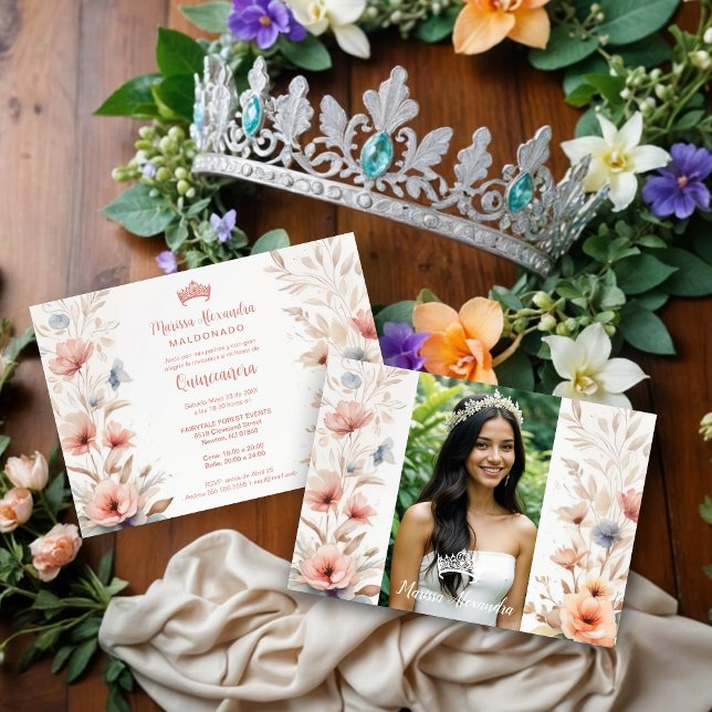 Invitation (Cherish Sweet Floral Garlands Spanish Photo Mis XV Invitations Cards.)