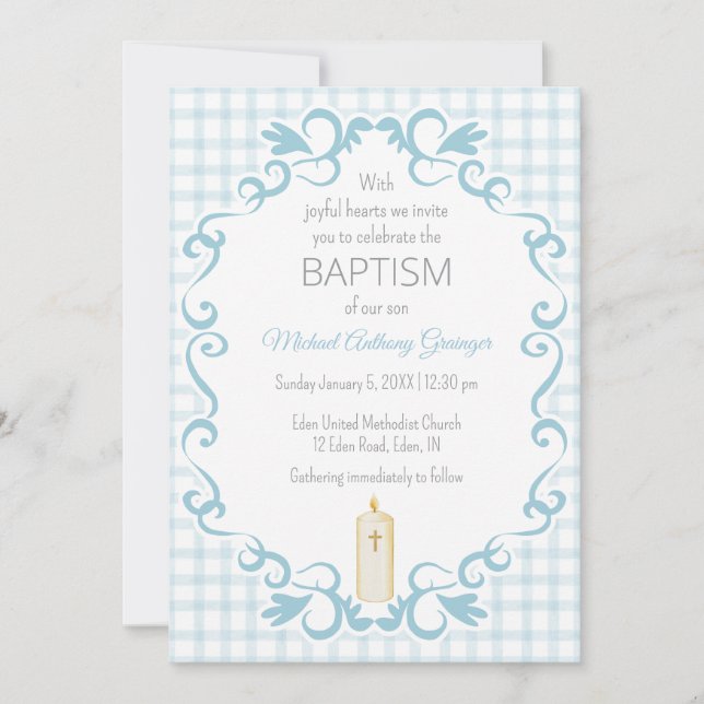 Invitation 001 Ciel Bleu Gingham Croix Bougie Baptême (Devant)