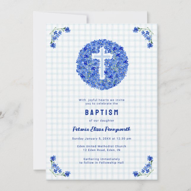 Invitation 001 Ciel Bleu Gingham Floral Croix Baptême (Devant)