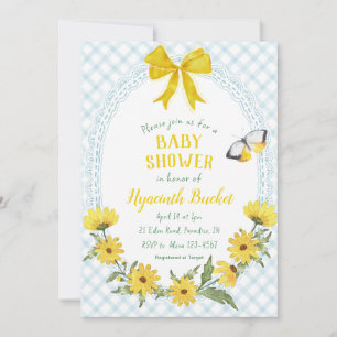 Invitation 001 Ciel Bleu Jaune Daisy Nœud Gingham Baby Shower