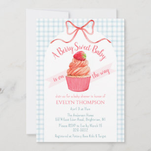Invitation 001 Fête Bébé Douce Fraise Bleu Ciel