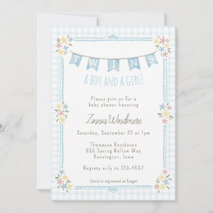 Invitation 001 Jumeaux Floral Gingham Bleu Ciel Baby Shower