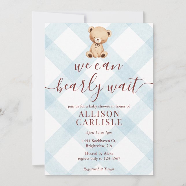 Invitation 001 Ours en peluche bleu ciel Gingham Baby Shower (Devant)