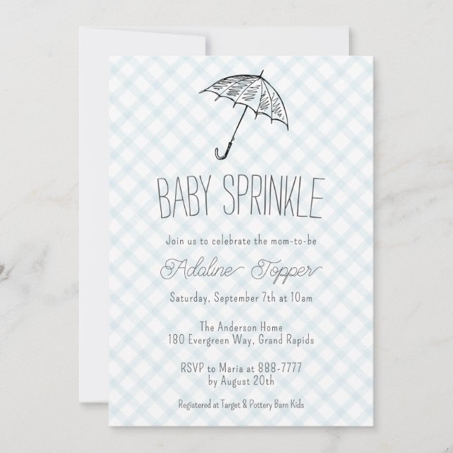 Invitation 001 Parapluie Moderne Bleu Ciel Bébé Gingham (Devant)