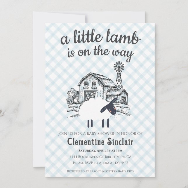 Invitation 001 Sky Blue A Little Lamb Gingham Baby Shower (Devant)