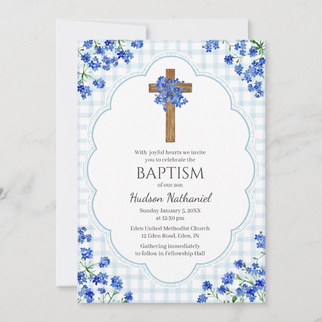Invitation 001 Sky Blue Blossom Rustic Cross Design Baptism (Devant)