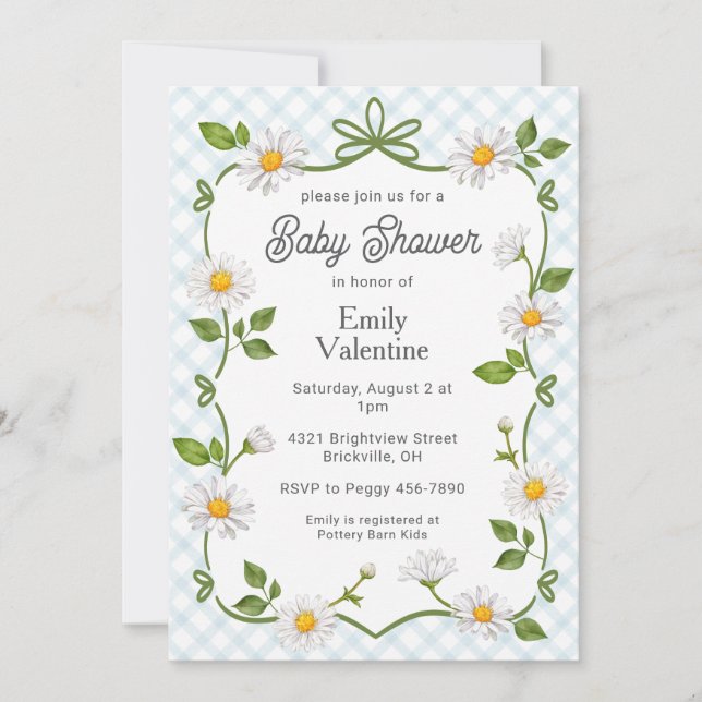 Invitation 001 Sky Blue Daisy Plaid Baby Shower (Devant)