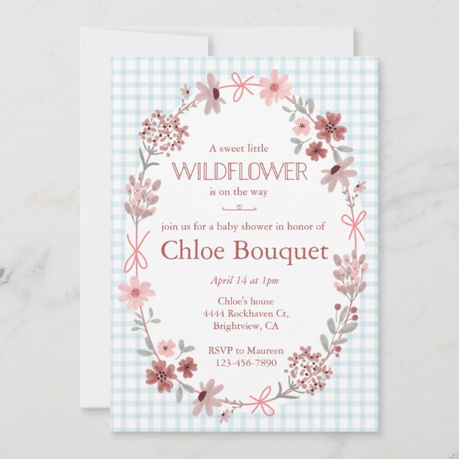 Invitation 001 Sky Blue Wildflower Bow Frame on Gingham Baby (Devant)