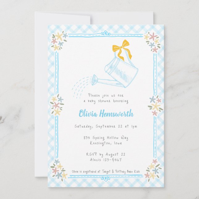 Invitation 002 Arrosoir Gingham Bleu Céleste Baby Shower (Devant)