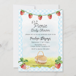 Invitation 002 Baby Shower Pique-nique aux fraises Bleu cérul