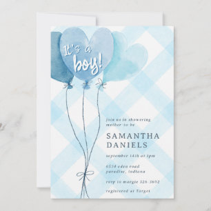 Invitation 002 Ballon en coeur céruléen Gingham Baby Shower
