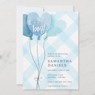 Invitation 002 Ballon en coeur céruléen Gingham Baby Shower