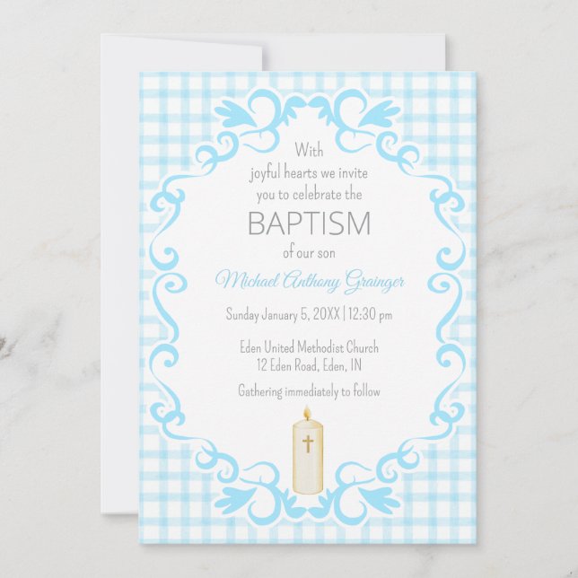 Invitation 002 Bougie Croix Gingham Papier Cerulean Baptême (Devant)