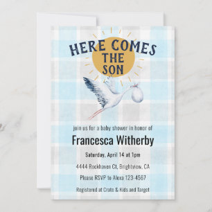 Invitation 002 Cerulean 020 Fog Sun Plaid Stork Baby Shower