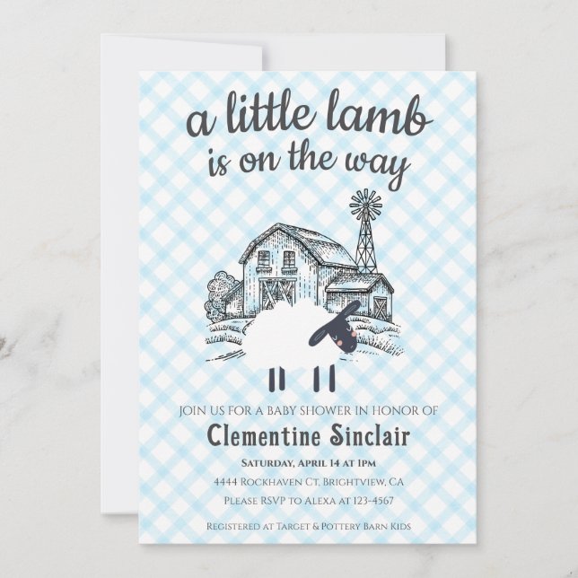 Invitation 002 Cerulean Blue Little Lamb Gingham Baby Shower (Devant)
