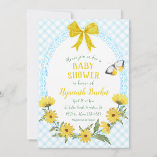 Invitation 002 Cerulean Jaune Daisy Nœud Gingham Baby Shower