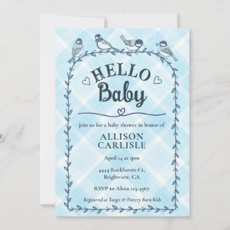 Invitation 002 Cerulean Watercolor Gingham Birds Baby Shower