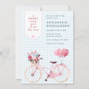 Invitation 002 Fête bébé : vélo fille aux fleurs douces et cé