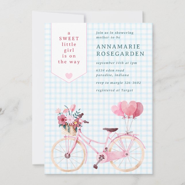 Invitation 002 Fête bébé : vélo fille aux fleurs douces et cé (Devant)