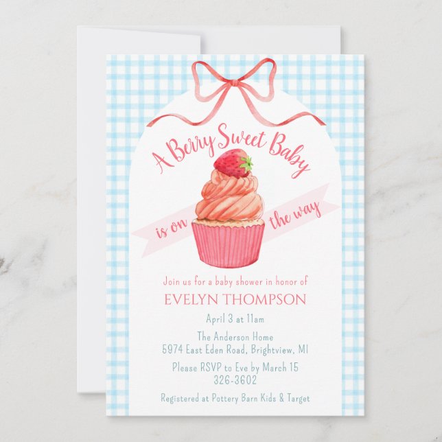 Invitation 002 Fête de Naissance Bébé Douce Fraise Baie Cérul (Devant)