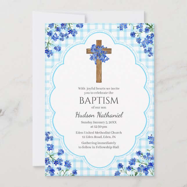 Invitation 002 Fleur de Bleu Céleste Croix Rustique Design Ba (Devant)