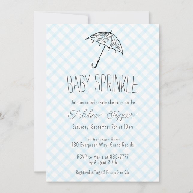 Invitation 002 Parapluie Moderne Gingham Baby Sprinkle Cerule (Devant)