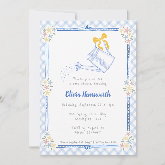 Invitation 003 Arrosoir Gingham Bleu Cobalt Baby Shower (Devant)