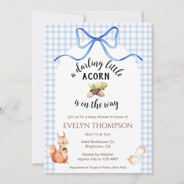 Invitation 003 Bleu Cobalt Écureuil Gingham de Noisette Baby  (Devant)