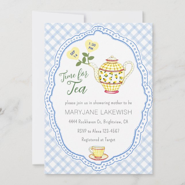 Invitation 003 Bleu Cobalt Mignon Gingham Baby Shower Thé Dan (Devant)