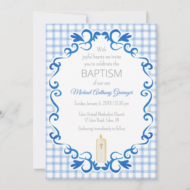 Invitation 003 Bougie croisée Gingham de défilement de cobalt (Devant)