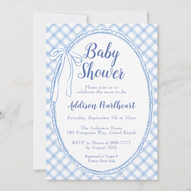 Invitation 003 Cérémonie de Naissance à Dentelle Gingham Bleu (Devant)