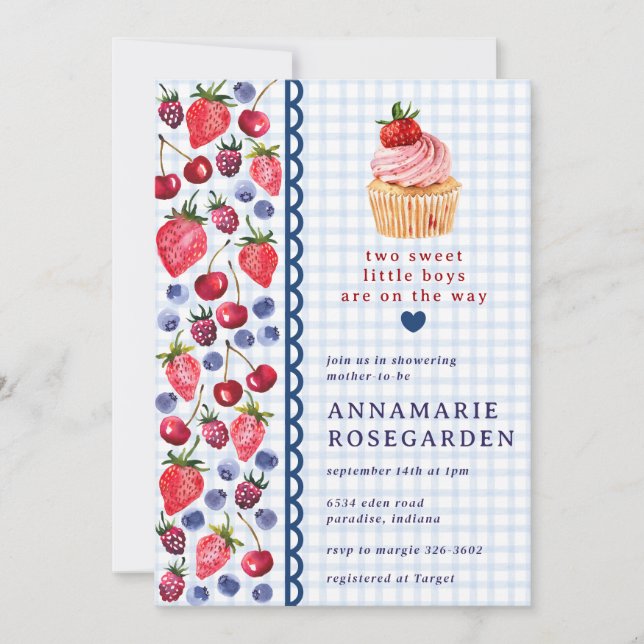 Invitation 003 Cobalt Bleu Baies Patch Cupcake Baby Shower (Devant)